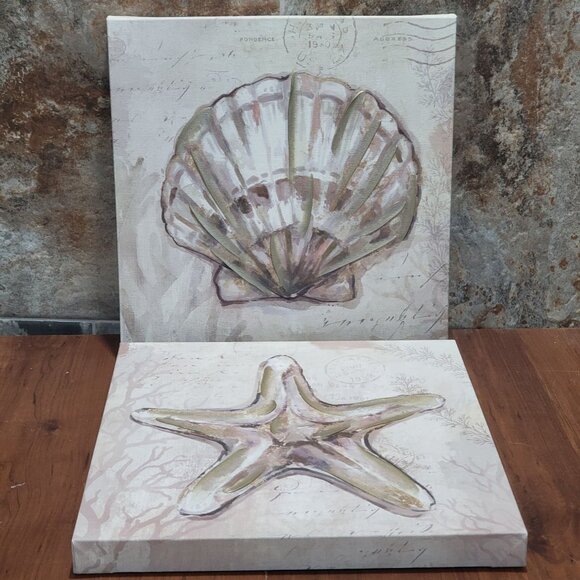 Starfish Scallop Shell Painting Canvas Hanging Wall Art Sea life Beach Decor - Picture 3 of 12